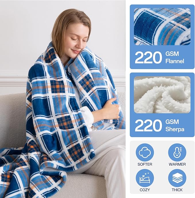 Heated Blanket Electric Throw, Heating Throw with 8 Hours Auto Off & 8 Fast Heating Levels, Blue White Plaid Checkered Sherpa Blanket Warmer for Adults, Washable Blanket Gift for Couch Bed (50x60 In)