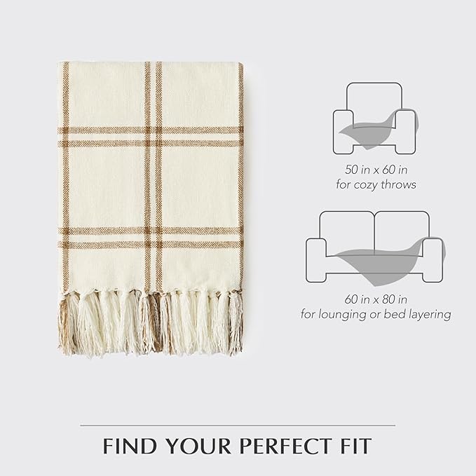 EVERGRACE Plaid Chenille Throw Blanket for Couch, Super Soft Cozy Decorative Windowpane Grid Plaid Throw with Tassels, Lightweight Chenille Knit Throw for Bed Sofa Gift, Cream & Beige 50"x60"