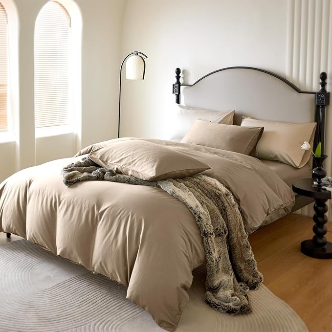 PURE ERA Duvet Cover Set Queen 800 Thread Count Long Staple Cotton Sateen Silky Soft Luxurious Smooth 3 Piece Set Dark Dessert Beige Queen