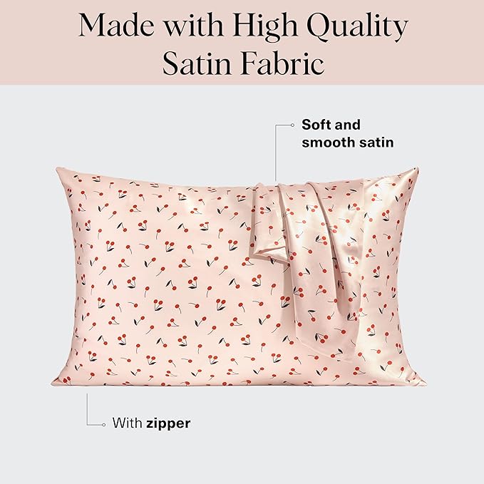 Kitsch Satin Pillowcase, Softer Than Silk Pillow Cases Queen, Cooling Pillow Covers, Satin Pillowcase w/Zipper for Hair, Skin & Quality Sleep, Wrinkle-Free & Smooth, Queen Size 19"x26", Cherry Print
