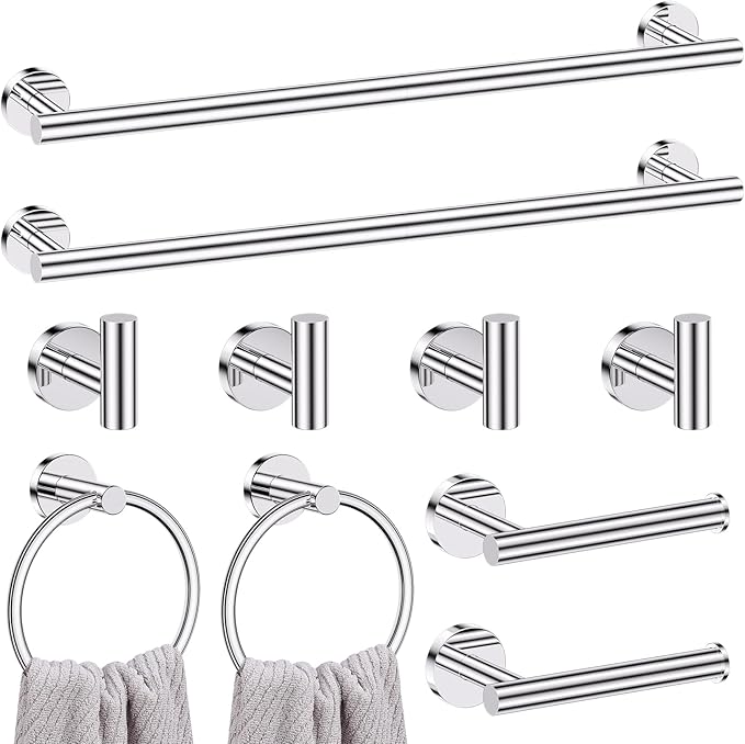 Lairuier Polished Chrome Bathroom Hardware Set, 10-Piece Towel Bar Set SUS304 Stainless Steel Bathroom Hardware Accessories Set Round Towel Holder Set Wall Mounted