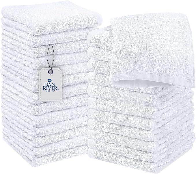 DAN RIVER 100% Cotton Wash Cloths 24 Pack [12x12] Soft & Absorbent wash Clothes, Gym, Hotels & Spa Perfect for Everyday Use Fingertip Towels, White