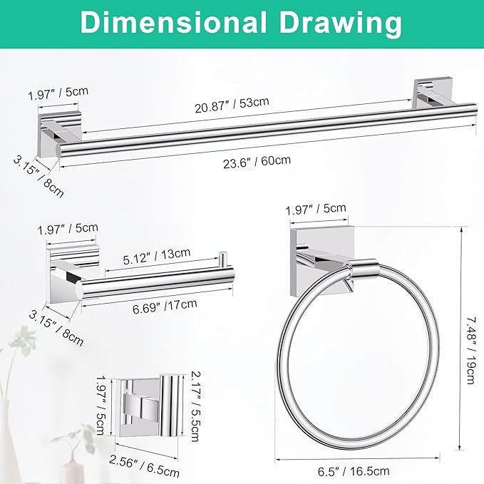 Chrome Towel Bar Bathroom Hardware Accessories Set, 5 Pieces Toilet Paper Holder Towel Holder Set, 23.6 Inch Stainless Steel Towel Racks for Bathroom Wall Mounted