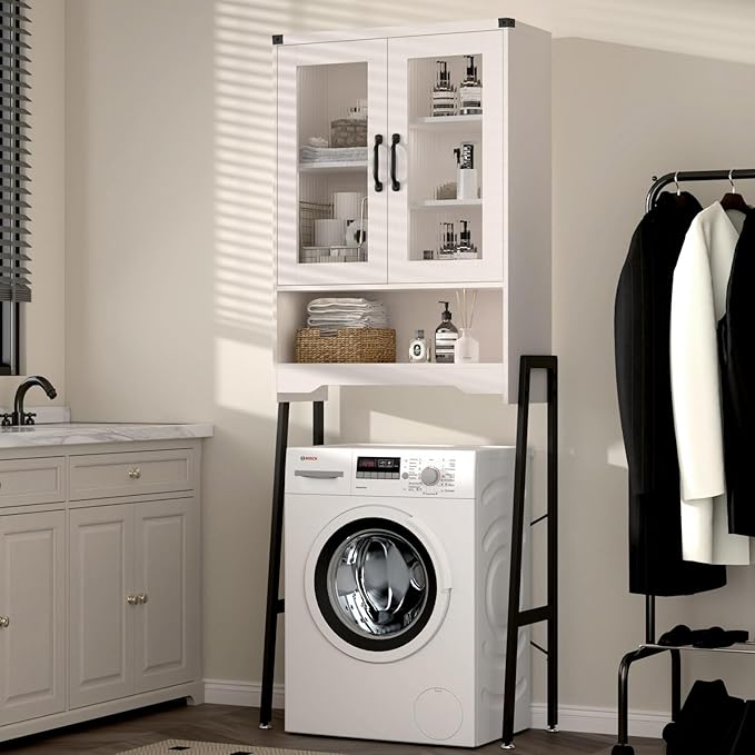 Over The Toilet Storage Cabinet with Tempered Glass Doors & Metal Stand, Over Toilet Organizer with Adjustable Shelf Space Saver Over Toilet , Tall Freestanding Shelf/Rack for Bathroom, Modern, White