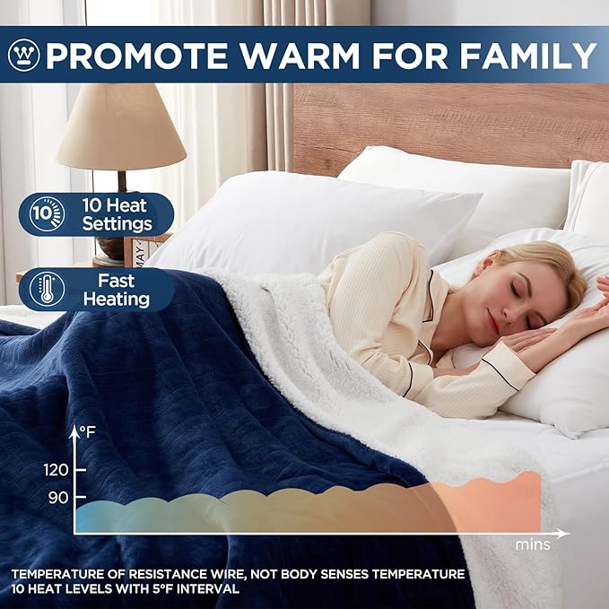 Westinghouse Electric Blanket Full, Heated Blanket Full Size with 10 Heating Levels and 1 to 12 Hours Heating Time Settings, Flannel to Sherpa Reversible, Machine Washable (80" x 84", Navy)