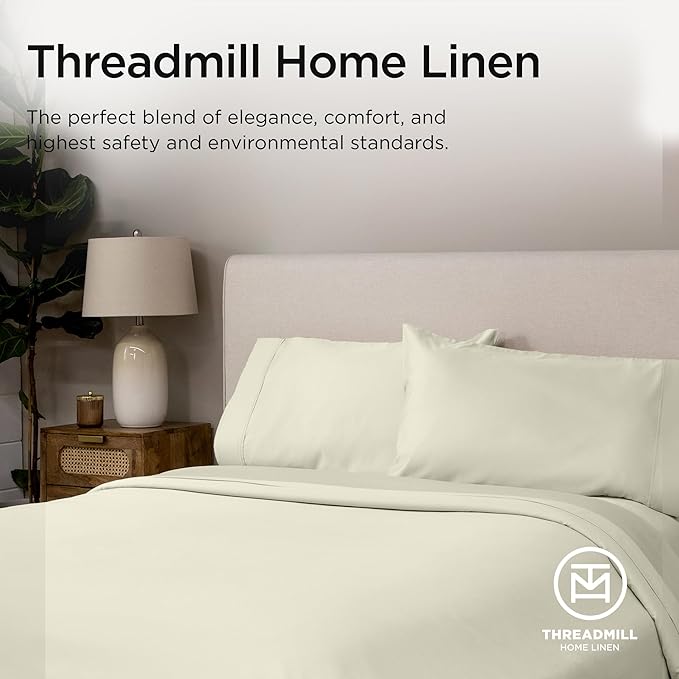 Threadmill Supima Cotton Sheets - Queen, 1000 Thread Count, 4 Piece Luxury Bedding Set, Hotel Quality Sateen Weave, Ivory with Elasticized Deep Pocket