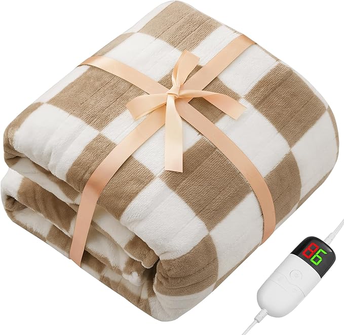 Light Brown Heated Throw Blanket Electric, 50X60 Heating Blanket with 10 Heat Levels & 8 Hours Auto Off for Lap, Checkered Plaid Soft Sherpa Blankets Warmer Gifts for Couch Grandma Women Adults