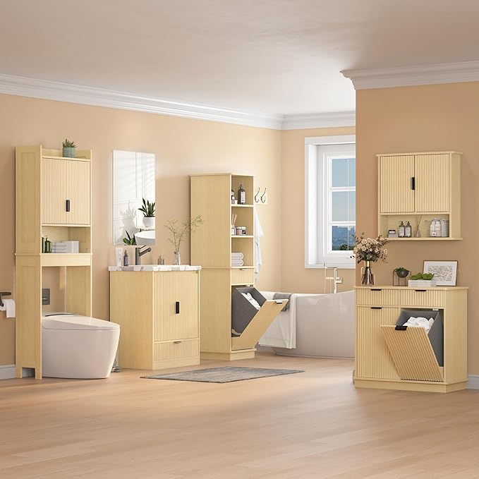 Over The Toilet Storage Cabinet,Behind Toilet Bathroom Organizer with Anti-tip,Space-Saving Toilet Shelf with Storage,Stylish Wave Pattern & Hidden Handle,Bathroom Shelf for Restroom/Laundry