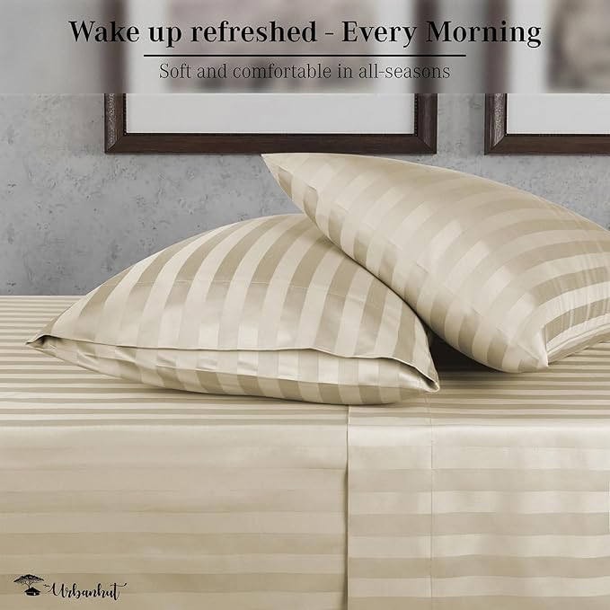 URBANHUT 1000 Thread Count Egyptian Cotton Damask Striped Queen Sheets, Long Staple Soft & Breathable, 4 Pc Bed Sheet Sets, Luxury Hotel Sateen Sheets Fits 16" Deep Pocket - Ivory