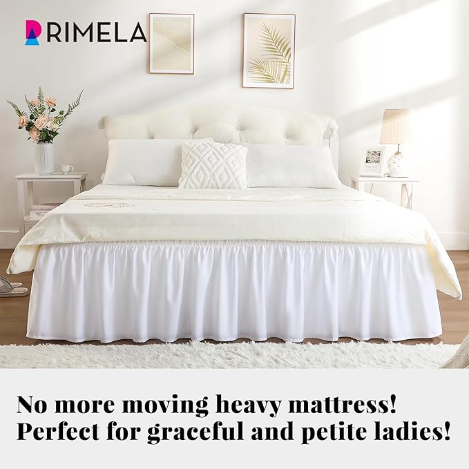 RIMELA White Bed Skirt Queen Size 18 Inch Drop, Elastic Bed Skirting for Bed Base and Frame, Bedding Dust Ruffle Easy to Install, Lightweight Wrap Around Adjustable Bedskirt