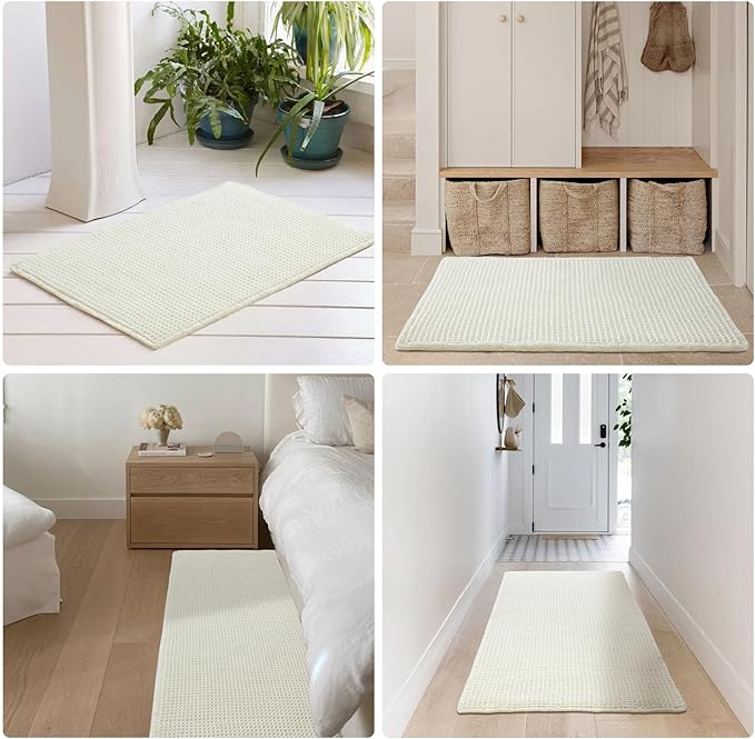 Cream White Bathroom Rugs, Waffle Bath Mat Non Slip Washable Super Absorbent Quick Dry Boho Farmhouse Bathroom Decor, 36"x24" Cream White