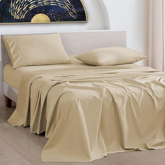 URBANHUT 100% Cotton Sheets - 1000 Thread Count California King Sand Sheet Set (4Pc), Long Staple Cotton Sheets, All Season Sateen Weave, Luxury Hotel Calking Bedsheets,16" Deep Pocket - Sand