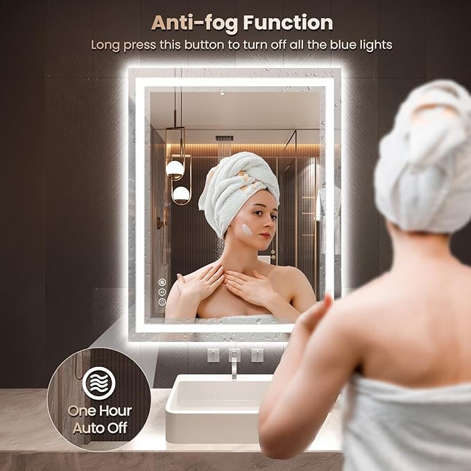 28"X36" LED Bathroom Mirror with Front Lights and Backlit, Anti-Fog, Dimmable, Shatter-Proof Tempered Glass, Lighted Bathroom Vanity Mirror for Wall with 3 Colors, Memory Function