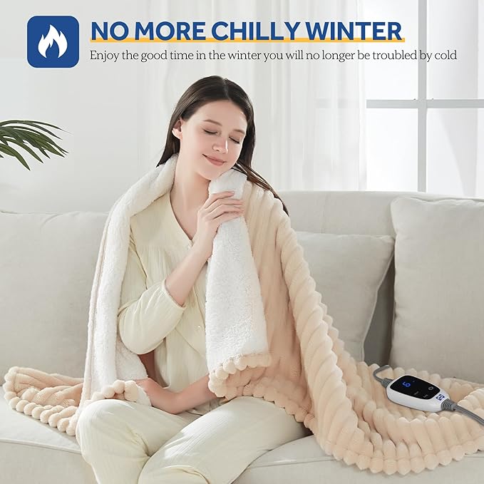 SEALY Electric Blanket Heated Throw, Soft Cozy Ribbed Flannel to Sherpa Reversible Safe Heating with 6 Heat Settings & 2-10 Hours Auto-Off Over-Heat Protection, Machine Washable, 50"x60" Beige