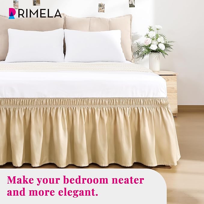 RIMELA Beige Bed Skirt Queen Size 15 Inch Drop, Wrap Around Elastic Bedskirt, Dust Ruffle for Adjustable Bed Base Machine Washable Easy to Install Bed Skirts