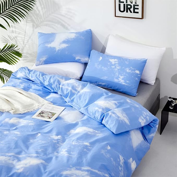 KAREVER Blue Cloud Comforter Set Queen Size Sky Theme Bedding Women 3 Pieces Soft Light Blue Queen Bed Blanket Set for All Season as Gift