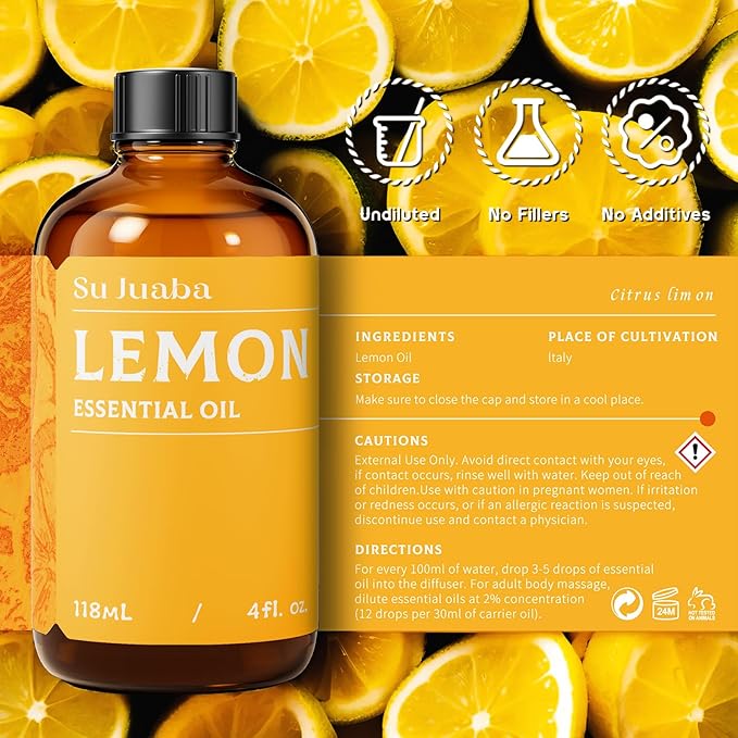 SU JUABA Lemon Essential Oil 4 Fl Oz, 100% Pure Natural for Cleaning, Diffuser, Skin Care, Aromatherapy- 118ML