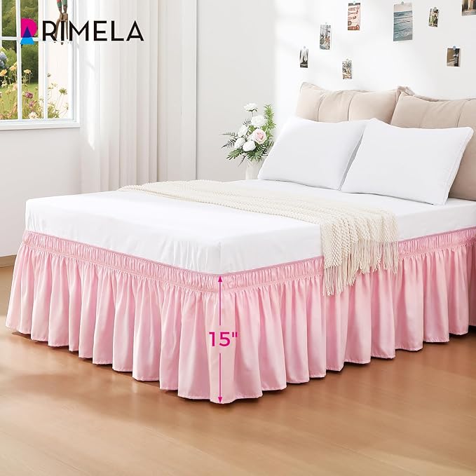 RIMELA Dusty Pink Bed Skirt Queen Size 15 Inch Drop, Wrap Around Elastic Bedskirt, Dust Ruffle for Adjustable Bed Base Machine Washable Easy to Install Bed Skirts