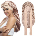 AWAYTR Long Satin Bonnet for Women - Double Layer Elastic Silk Bonnet for Braids Hair Sleeping Cap with Tie Band (Champagne)
