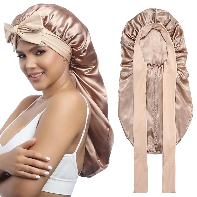 AWAYTR Long Satin Bonnet for Women - Double Layer Elastic Silk Bonnet for Braids Hair Sleeping Cap with Tie Band (Champagne)