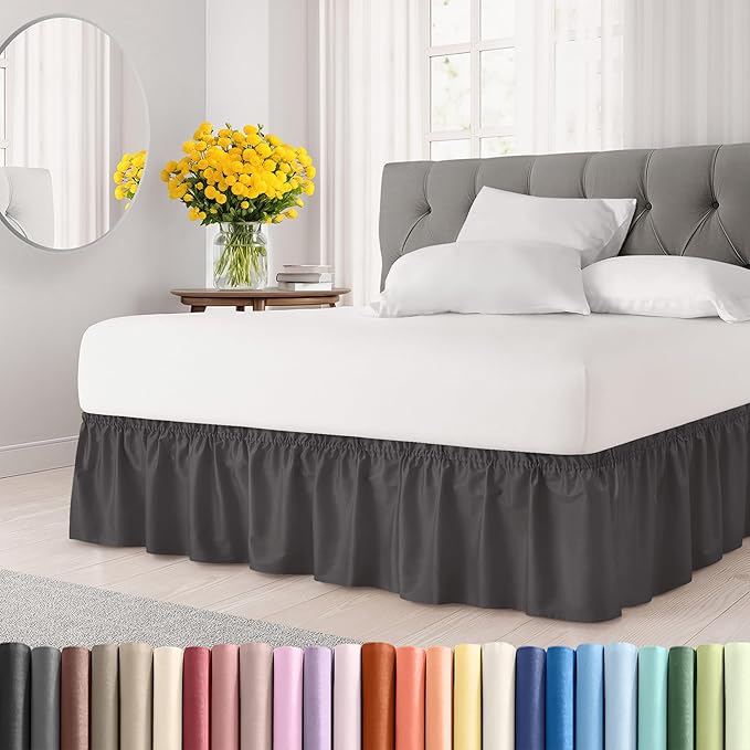 Wrap Around Dust Ruffle Bed Skirt - Dark Grey - Twin/Twin XL Size Beds with 12 Inch Drop - Elastic Strap - Adjustable Pleated Bedskirt with Brushed Fabric and Wrinkle Free - Women, Men, Kids & Teens