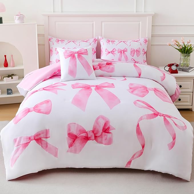Twin Size Comforter Sets Pink Bed in a Bag for Girls, Bow Comforter Set,6 Pieces Bow Bedding Sets with Sheets for Kids