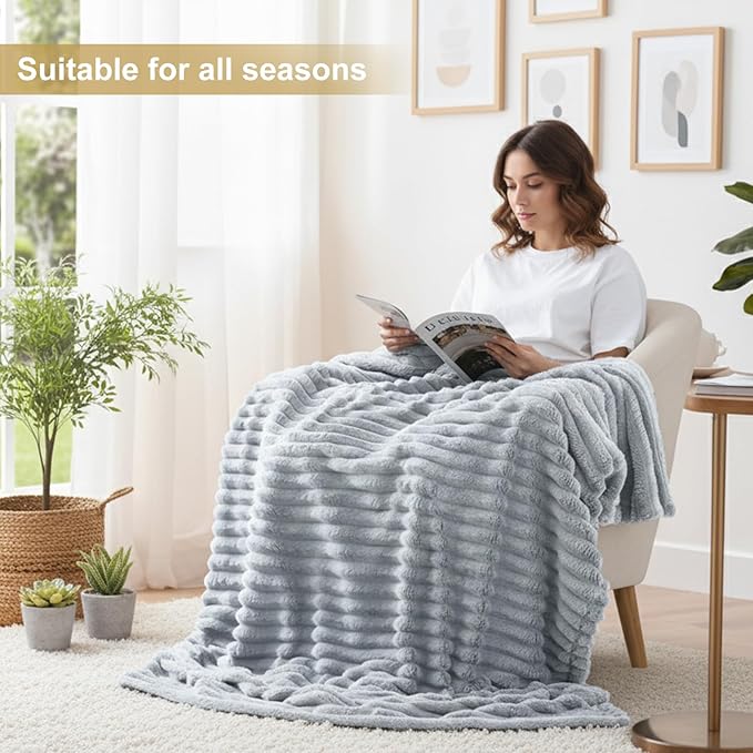 decorUhome Christmas Soft Fleece Light Grey Blanket King Size for Bed, Cozy Fluffy Plush Flannel Large Striped Throws for Couch Sofa, Lightweight Decorative Fuzzy Blanket for Woman, 108x90 Inches