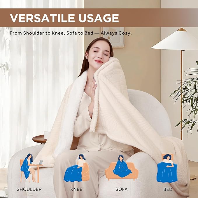 Westinghouse Heated Throw Blanket, Flower Jacquard Electric Blanket Throw with 6 Heating Levels and 2-10 Hours Auto-Off, Flannel to Sherpa Super Cozy Heated Blanket, Machine Washable (50" x 60" Beige)
