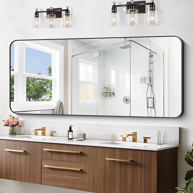 Large Bathroom Mirror, 72 x 30 inch Black Rectangle Mirror, Metal Frame Rectangular Vanity Mirror, Wall Mounted Mirror with Rounded Corner for Bedroom Living Room Hangs Horizontal Or Vertical