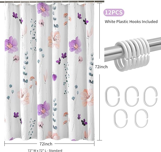 QIYI Watercolor Floral Shower Curtain, 3D Embossed Butterflies Purple Pink Flower Bathroom Curtain, Minimalist White Cloth Bath Curtains, Waterproof Fabric Texture Shower Curtain Set with Hooks, 72x72