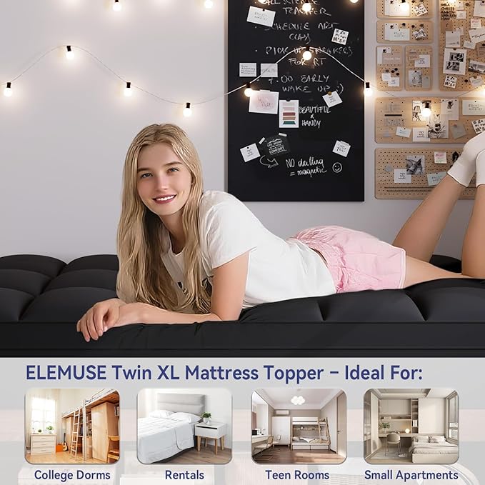 ELEMUSE Twin Black Mattress Topper for Back Pain, Extra Thick Mattress Pad Cover, Plush Soft Pillowtop with Elastic Deep Pocket, Overfilled Down Alternative Filling