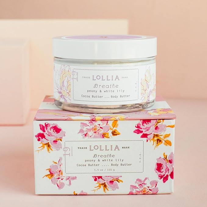 LOLLIA Breathe Body Butter, 5.5 oz. - Peony & White Lily Fragrance - Shea Butter & Cocoa Butter, Body Lotion for Women, Hydrating & Smooth Body Moisturizer