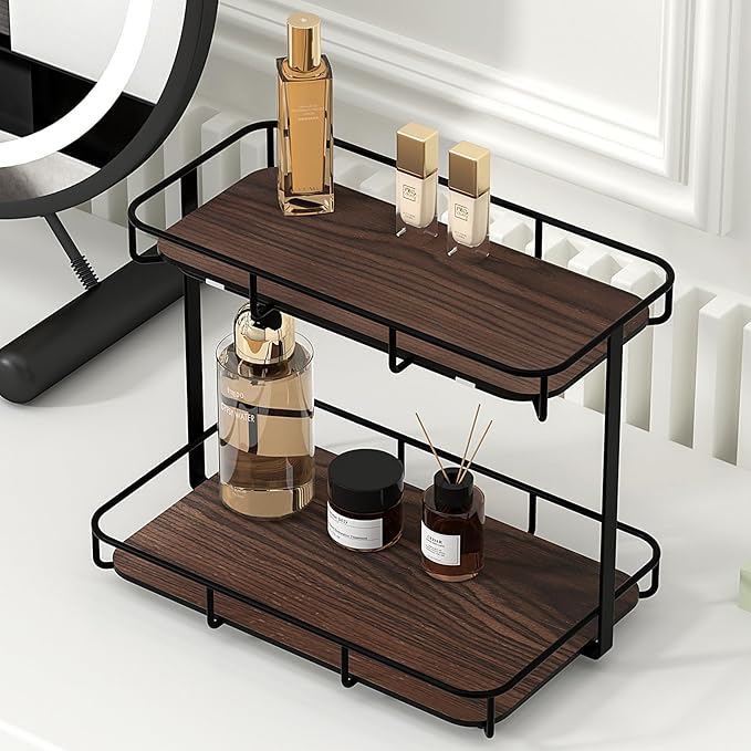 Bathroom Organizer Countertop Perfume Organizer Makeup Organizer Cosmetics Storage Display Rack Vanity Tray Dresser Stainless Steel Gold Shelf White Marble Ceramic Tray (2 Tier L-Black Wood)