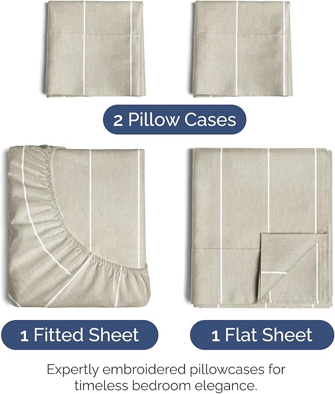 Cal King Size 4 Piece Sheet Set - Extra Soft, Breathable & Cooling Sheets - Hotel Luxury Bed Sheets for Women & Men - Deep Pockets, Easy-Fit & Wrinkle-Free Sheets - Beige Stripes Oeko-Tex Bed Sheets