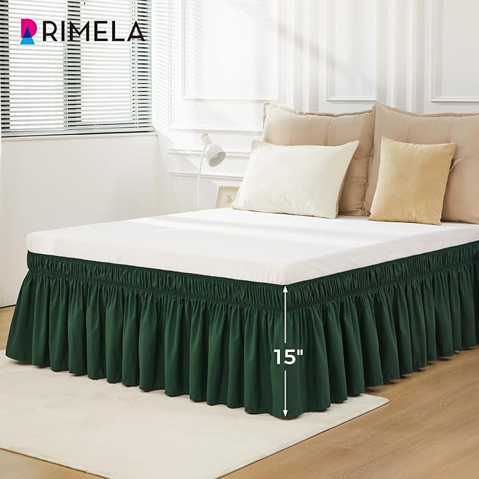 RIMELA Dark Green Bed Skirt King Size 15 Inch Drop, Elastic Wrap Around Bed Skirt King Dust Ruffle for Bed, Soft and Solid Fabric Bedding Bedskirt Machine Washable Easy to Install