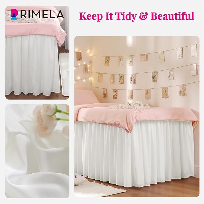 RIMELA Dorm Bed Skirt Twin XL 46 Inch Drop, Easy to Install Extra Long Wrap Around Elastic Dust Ruffle, Warm White Bedskirt Solid Silky Fabric Machine Washable (Twin XL 80“L x 39”W & Twin 75“L x 39”W)