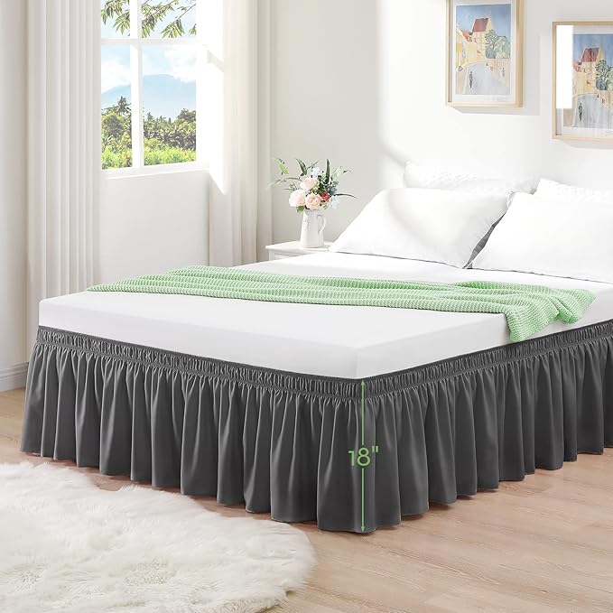 RIMELA Bed Skirt Wrap Around Elastic Dust Ruffles Solid Color Wrinkle and Fade Resistant with Adjustable Elastic Belt Easy to Install Dark Gray for King & California King Size 18 Inch Drop