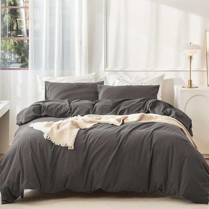 JIYUAN 100% Washed Cotton Duvet Cover Set 2 Pieces Twin, 1 Duvet Cover 68x90 Inches(Comforter Not Included) and 1 Pillowcases,Linen Feel Bedding Set Comfy and Breathable,Solid Dark Grey
