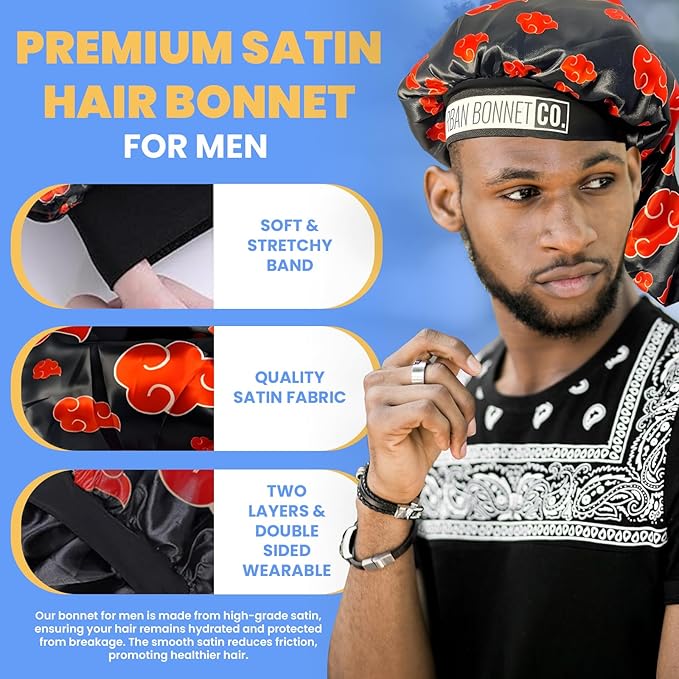 Premium Non Slip Satin Hair Bonnet for Men Curly Hair, Dreadlock Loc Cap Silk Bonnet Double Layer Sleeping & Shower Wrap Anime Bonnet Soft Band (Jet Black)