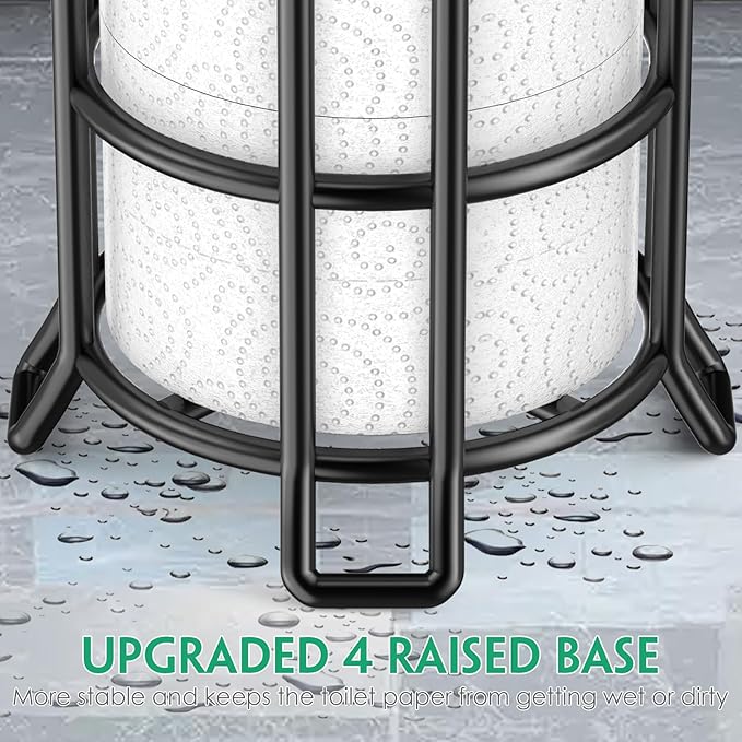 TomCare Toilet Paper Holder Stand with Shelf Free Standing Toilet Paper Roll Holder with Toilet Paper Dispenser Sturdy Metal Tissue Holder Storage Shelf for Bathroom Black