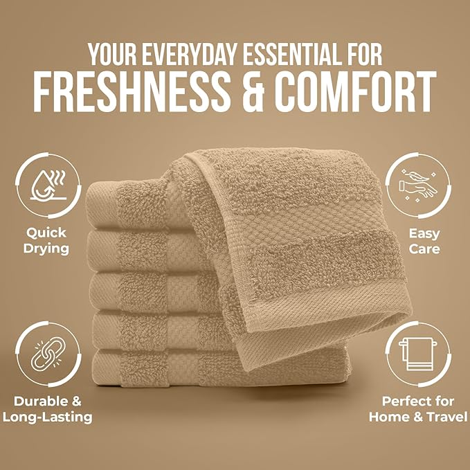 DAN RIVER 12-Pack Premium 100% Cotton TAN Face Towels – Reusable Face Towel Set, Soft & Absorbent wash Cloths for Body – Hand and Face Towels, 550 GSM (12x12 in)