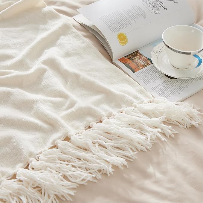 CozeCube Chenille Throw Blanket for Couch, Cozy Plush Fuzzy Decorative Cream White Blanket with Fringe Tassels, Lightweight Throws for Bed Sofa Gift Home Decor, 50"X60"