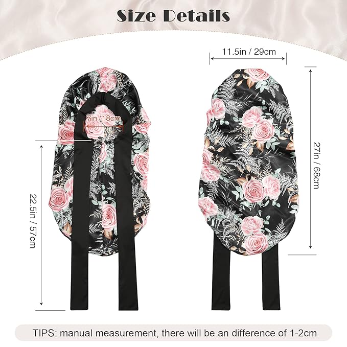 AWAYTR Long Satin Bonnet for Braids - Elastic Silk Hair Bonnets for Sleeping Night Cap Stretchy Tie Band for Women（Flower B）