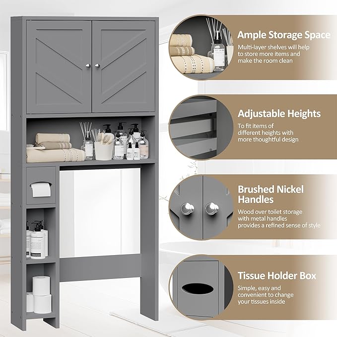 Meilocar Farmhouse Storage Cabinet Over Toilet with Toilet Paper Holder Stand, Freestanding Bathroom Storage Organizer Cabinet, Grey