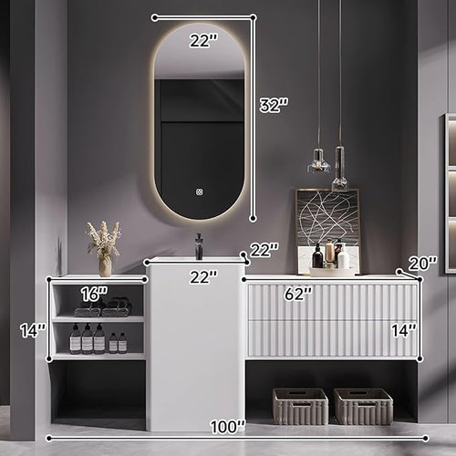 100Inch Freestanding Sink Bathroom Vanity, Wall-Mount Bathroom Cabinet with Open Storage and Striped Drawers, Solid Wood Bathroom Vanity with Smart Defog Mirror and Spacious Rock Plate Countertop