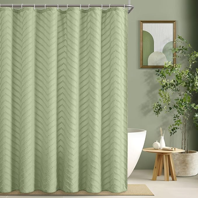 Green Boho Shower Curtain - 72 x 84, Tufted Chevron Textured Striped Fabric, Modern Minimalist for Bathroom