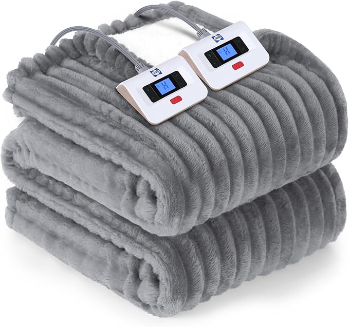 SEALY Electric Blanket Queen Size, Soft Ribbed Flannel to Sherpa Reversible Heated Blanket with Dual Control 10 Heat Settings & 1 to 12 Hours Auto-Off 84"x90" Machine Washable, Light Grey