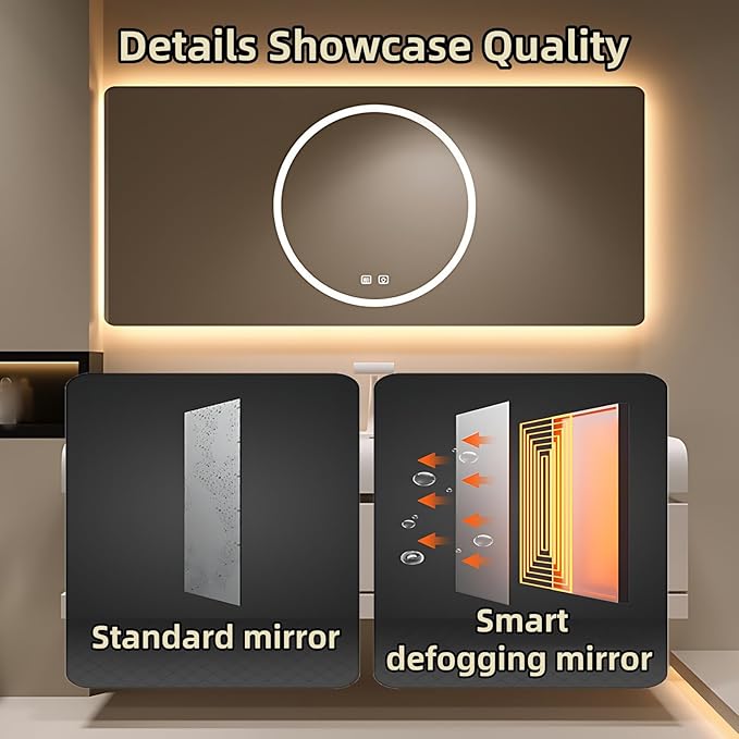44IN Bathroom Vanity with Sink - Bathroom Cabinet Set has 2 Drawers & Overflow Hole Wall Mounted | LED Practical Defogging Mirror, Open Compartments, Seamless Rock Slab Basin (Khaki)