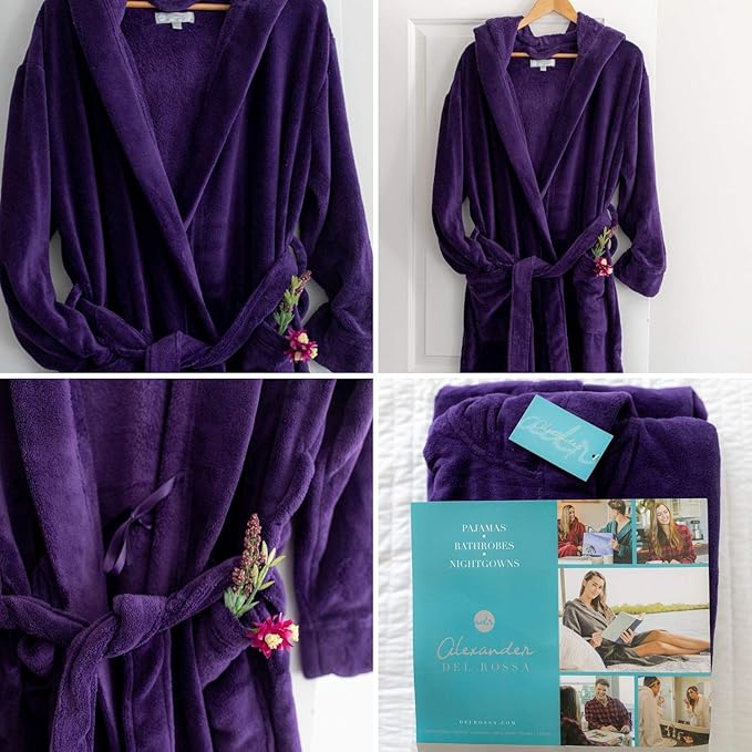 Alexander Del Rossa Womens Robe, Long Plush Bathrobe with Hood, Hooded Robes for Women Plus Size Bath Robe