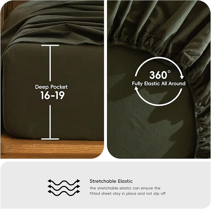MooMee Bedding Sheet Set 100% Washed Cotton Linen Like Textured Breathable Durable Soft Comfy (Solid Olive Green, King)